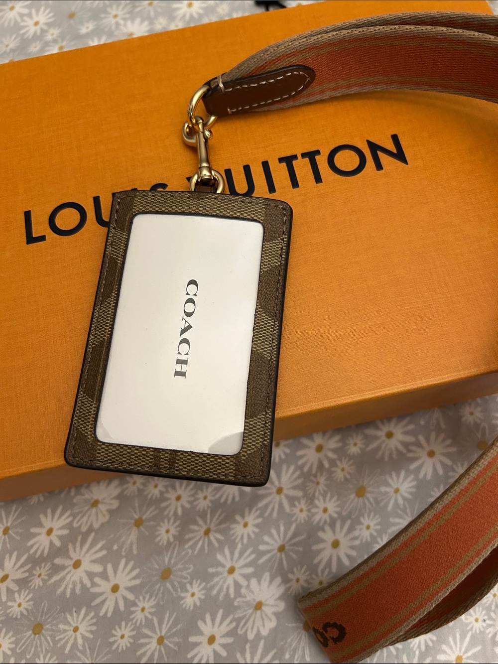 Coach Brown Signature Canvas Card Holder with Orange Branded Lanyard - Picture 2 of 6